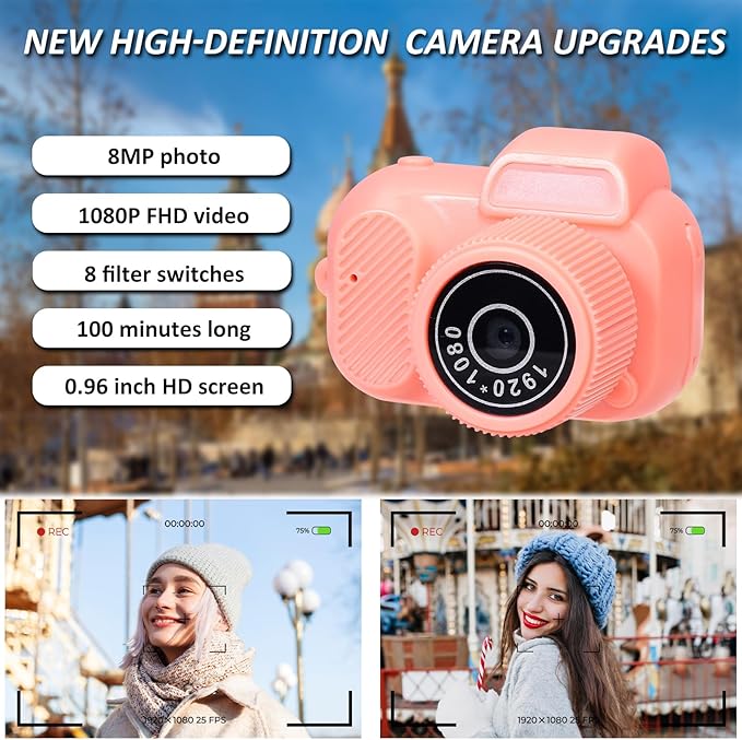 Mini Keychain Camera, FHD 1080p 8MP Mini Digital Camera with 32GB SD Card, 8 Creative Filters, 0.96" HD Display, 100 Mins Battery Life for Travel Recording Birthday Gifts (Retro, Pink)