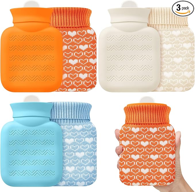 Amylove 3 Pcs Mini Hot Water Bottle for Hot & Cold Compress with Cover 320ml Silicone Microwave Heating Bottles Small Water Bag for Travel Holiday Gift(White, Blue, Orange,Heart Print)