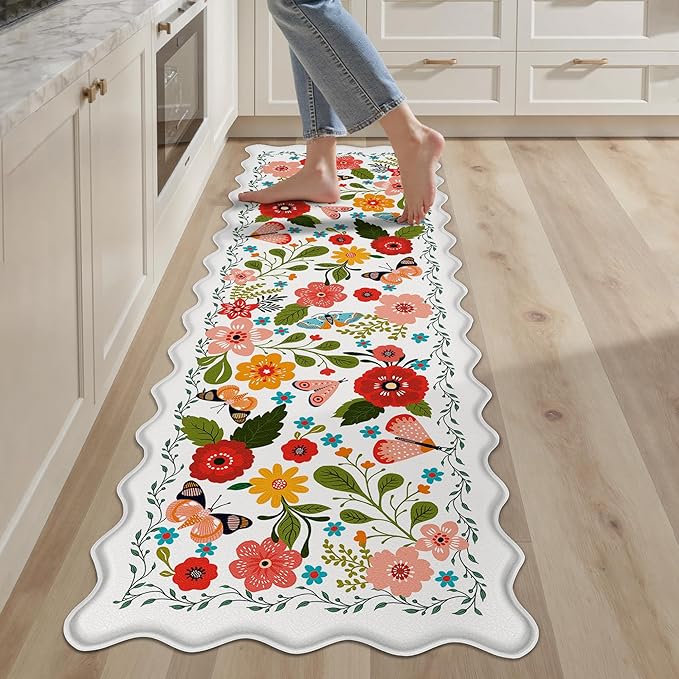 Scalloped Kitchen Mats for Floor Cushioned Anti Fatigue Kitchen Mats Rugs Waterproof Non Slip Farmhouse Boho Floral Comfort Foam Standing Mat for Sink Laundry, White, 17.3x59