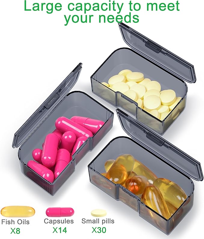 4 Packs Small Pill Organizer Box, Travel Pills Container Vitamin and Portable Daily Mini Medicine Case Holder for Pocket Pharmacy Purse Briefcase with Labels Storage Boxes (Clear Black)