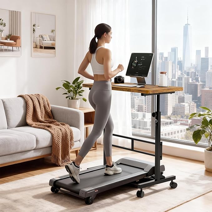 Furmax Small Portable Standing Desk Adjustable Height, Mobile Stand Laptop Computer Workstation with Lockable Wheels for Walking Pad Treadmill (Rustic)