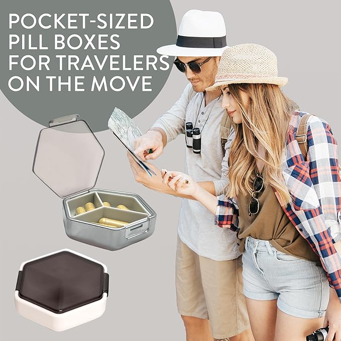 Petite Pill Box Set - Stylish Compact Daily Pill Organizer, Medication Pill Case, Pill Container for Vitamin Management, Travel Essentials for Women/Men - Set of 2, Blanc & Platinum