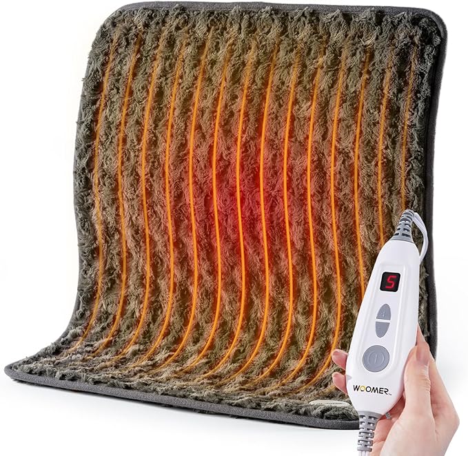 Woomer Faux Fur Electric Heating Pad for Back Pain Relief, Extra Large 20” x 24”, Extended Coverage from Neck to Hip, Two-Sided, Moist Mode, ETL Certified, 6 Adjustable Heats & 2H Auto-Off,Grey