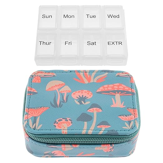 Karma, Travel Pill Case, Weekly Travel Pill Organizer, Removable 8-Compartment Pill Box, Travel Pill Medicine Organizer, Mushroom