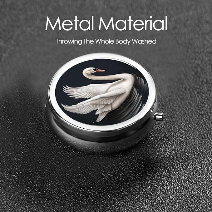 Pill Box 3 Compartment Medicine Pill Organizer White Swan Round Pill Case for Purse & Pocket Travel Pillbox Portable Metal Medicine Vitamin Fish Oil Organizer Unique Gift