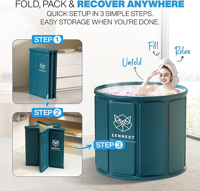 Foldable Portable Bathtub for Adults – 2-in-1 Hot & Cold Plunge, 105-Gal Large Capacity Collapsible Bathtub Adult, 6-layer Insulated Portable Soaking tub - Space-saving Design