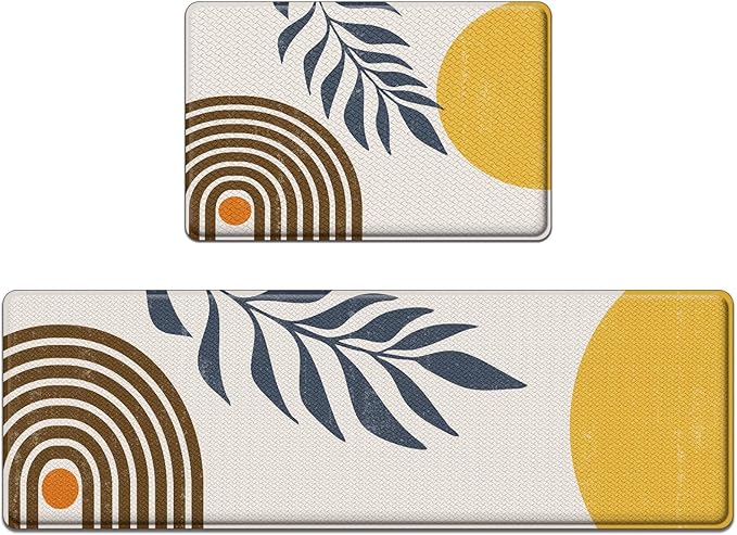 Anti-Fatigue Boho Kitchen Rug Set of 2 Cushioned Bohemian Rug Mat for Floor, Yellow Sun Standing Waterproof Non-Slip Mat PVC Ergonomic Comfort Foam Rug for Kitchen