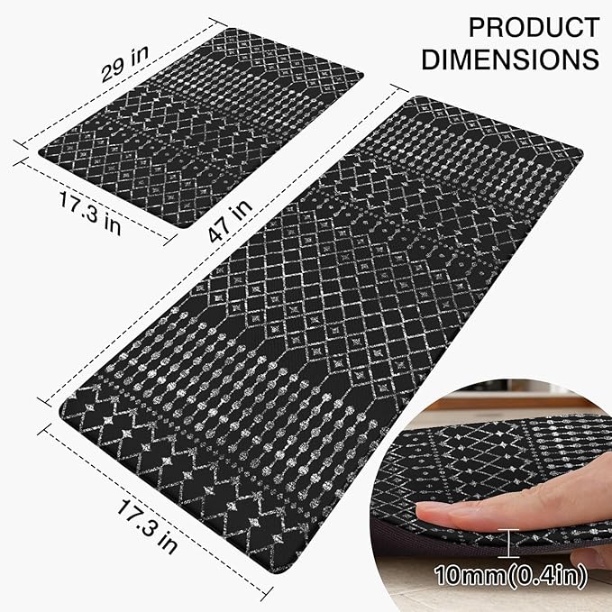 Anti Fatigue Kitchen Rugs Set of 2, Boho Kitchen Mats for Floor, Boho Kitchen Decor, Anti-Slip and Anti-Fatigue Foam Standing Mat,17x30 inch Sink Mat+17x48 inch Runner Rug Black