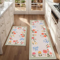 Pink Floral Kitchen Mats Set of 2, Boho Flower Kitchen Rugs Non-Slip Washable, Spring Home Decor Low-Profile Kitchen Mat for Floor Sink Laundry 17x30 and 17x47 Inch