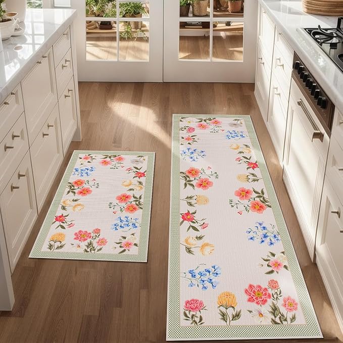 Pink Floral Kitchen Mats Set of 2, Boho Flower Kitchen Rugs Non-Slip Washable, Spring Home Decor Low-Profile Kitchen Mat for Floor Sink Laundry 17x30 and 17x47 Inch