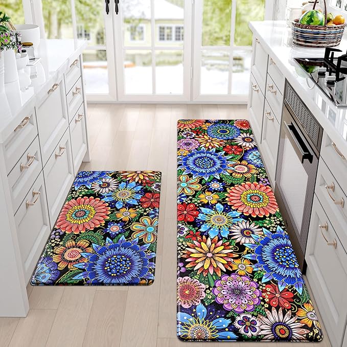 Likiyol Boho Kitchen Rugs, Boho Floral Anti Fatigue Kitchen Mat for Floor, Bohemian Flowers Non Slip Washable Kitchen Floor Mats, Comfort Standing Mat, 18'' x 30'' + 18'' x 60''
