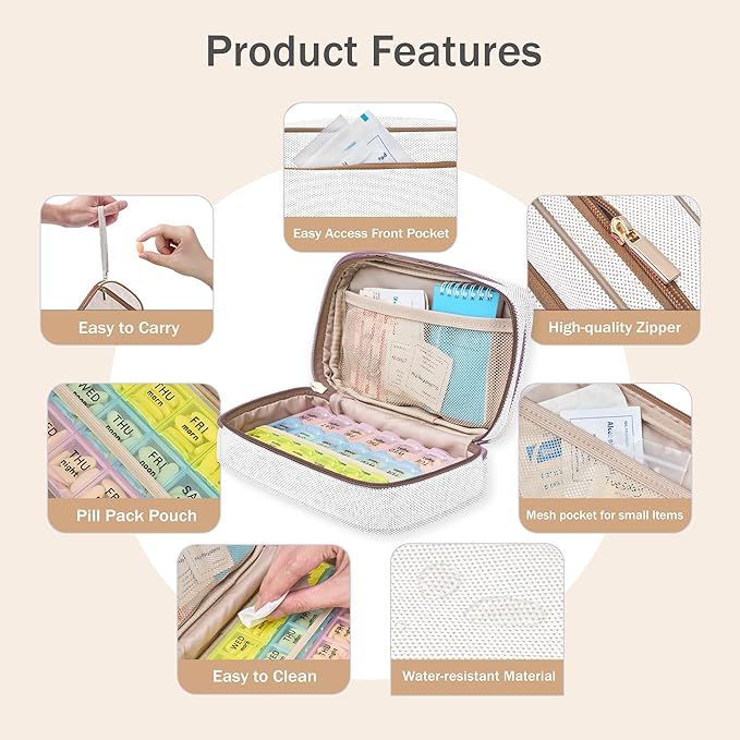 Weekly Travel Pill Organizer 3 Times A Day Pill Case for Purse with Removable 7 Day Pill Box Holder,Cute Medication Organizer Pill Container for Medicine, Vitamin, Fish Oils,Supplement (Brown, Large)