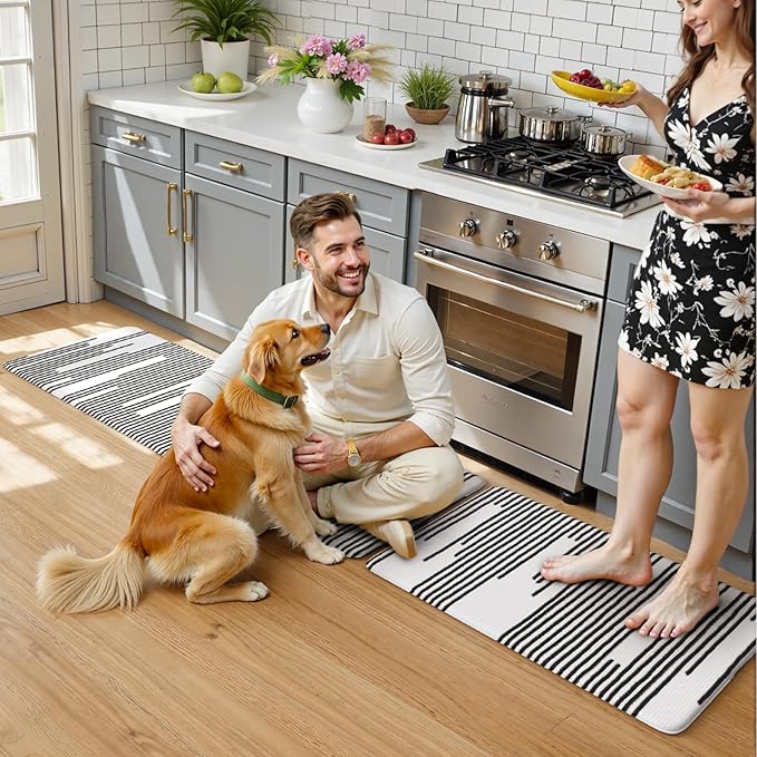 KIMODE Anti Fatigue Mats for Kitchen Floor 17"x47"+17"x29", Farmhouse Kitchen Rugs Sets of 2, Cushioned Kitchen Floor Mat Non Skid, Memory Foam Kitchen Mat for Laundry Office Sink Desk Black Lines