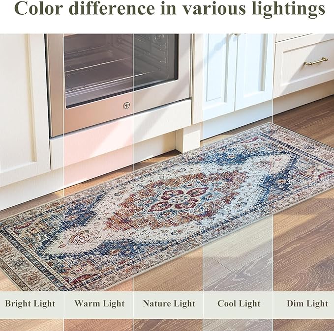 Boho Kitchen Mat Set of 2, Non Slip Blue Kitchen Rug for Floor,Vintage Farmhouse Outdoor Doormats Linen Runner Rug Washable Standing Mats for Entryway,Laundry,Office,Hallway 17”x30“+17'' x47''