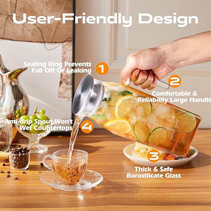 Aofmee 68oz Glass Pitcher for Fridge, 2 Liter Square Water Pitcher with Lid and Handle, Heat Resistant Tea Pitchers, Borosilicate Glass Carafe with Scale Line for Hot/Cold Beverage