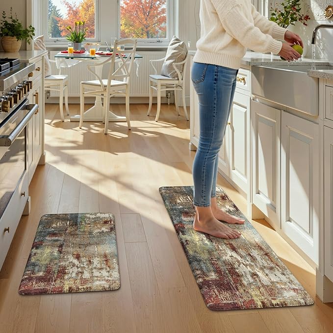 LEEVAN Kitchen Mats Cushioned Anti Fatigue Sets of 2,Non Slip Waterproof Kitchen Mats for Floor,Memory Foam Comfort Abstract Red Kitchen Floor Mat for Sink,Laundry,Home,Office,Desk(17"x29"+17"x47")