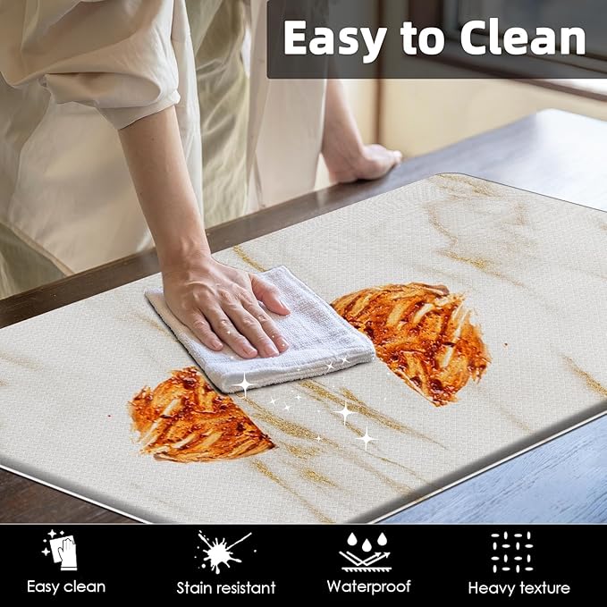 Arttown Marble Anti-Fatigue Kitchen Rug Set of 2 White Golden Gold Modern Cushioned Floor Mat, Standing Waterproof Non-Slip Kitchen Mat and PVC Ergonomic Comfort Foam Rug