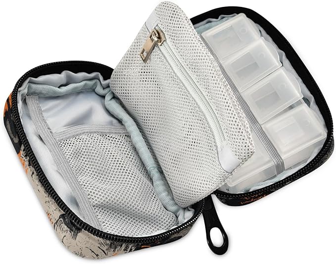 Orange and Grey Vintage Rock Skulls Travel Pill Organizer Case Box Container Weekly Portable Vitamin Medicine Holder Storage Bag with Zipper Removable