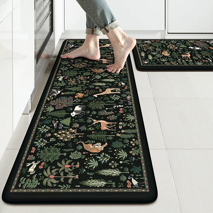 KIMODE Comfort Kitchen Mats for Floor Cushioned Anti Fatigue,Farmhouse Animal Forest Kitchen Rugs Sets of 2 Non Slip,Memory Foam Kitchen Standing Mat Laundry Sink Office Home,Black