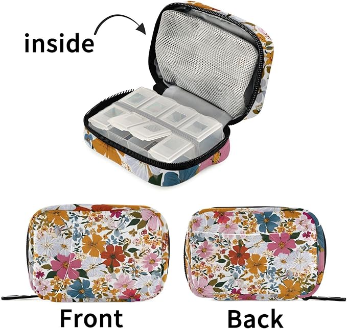 Colorful Flowers01 Travel Pill Organizer Case Box Container Weekly Portable Vitamin Medicine Holder Storage Bag with Zipper Removable