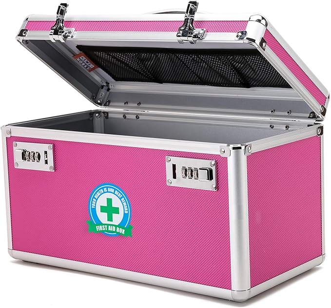 Lockable Medication Box with Portable Storage Case, 14.2''x 7.2''x 8.2'', Childproof Medicine Lock Organizer, Locking Box for Secure Cash, Jewelry, ID Documents (Pink/Large)