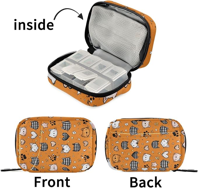 Orange Cute Kittens Hearts Stars Travel Pill Organizer Case Box Container Weekly Portable Vitamin Medicine Holder Storage Bag with Zipper Removable