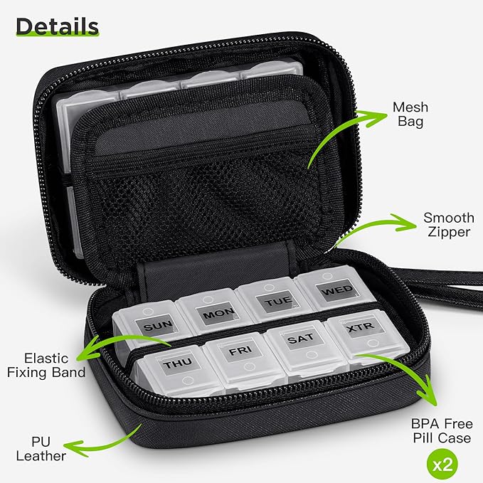 Zannaki Cute Pill Organizer for Purse with Two Removable 7-Day Pill Box, Travel PU Leather Pill Case, Portable Weekly Pill Container with Storage Bag to Hold Vitamins, Fish Oils, Supplements (Black)