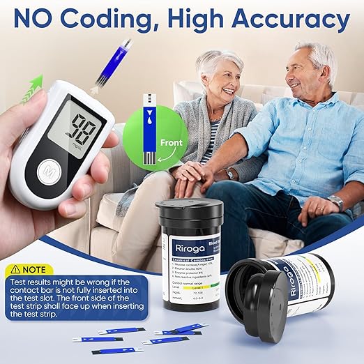 Riroga Blood Glucose Monitor Kit with 100 Glucometer Strips, 100 Lancets, 1 Blood Sugar Monitor,Blood Sugar Test Kit for Home Use,Travel Case for Blood Glucose Monitor Kit,Lancing Device, No Coding