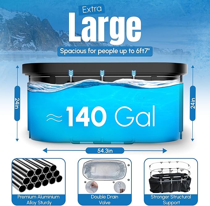 IcyPlunge Cold Plunge Tub - 140+ Gallon Ice Plunge for Athletes & Adults, Recovery & Inflammation Relief, Ice Bath Tub with Water & Filter Treatments, XXL Oval Size