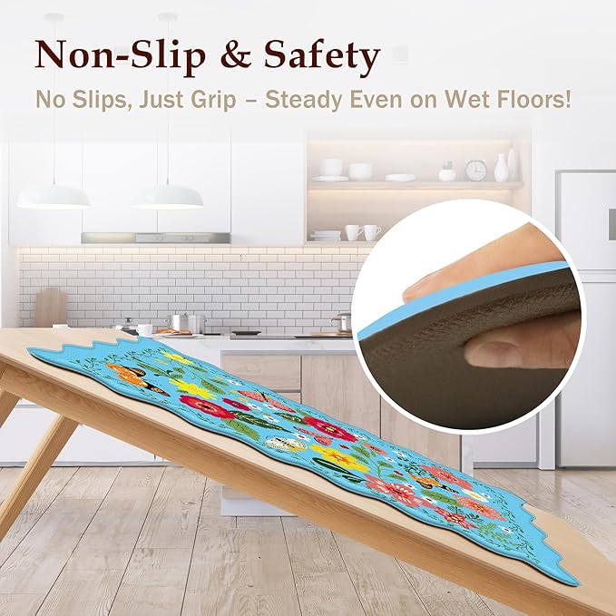 Scalloped Blue Kitchen Mats for Floor 2PC Cushioned Anti Fatigue Kitchen Mats Rugs Waterproof Non Slip Farmhouse Boho Floral Comfort Foam Standing Mat for Sink Laundry