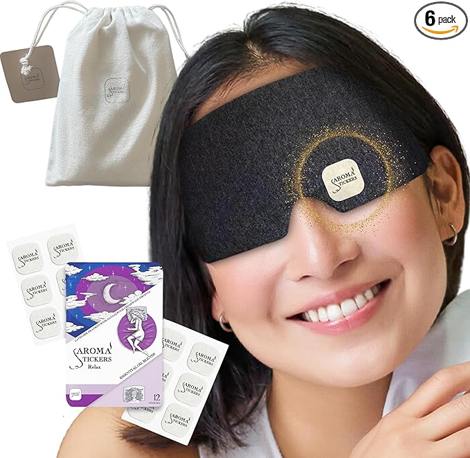 Cotton Eye Mask with AROMA STICKERS®︎ - Relax - Natural Essential Oil Scented - Aromatherapy Sticker Diffuser for Eye Mask - Lavender, Frankincense for Sleeping, with Gift Bag (Pack of 1,12 Stickers)