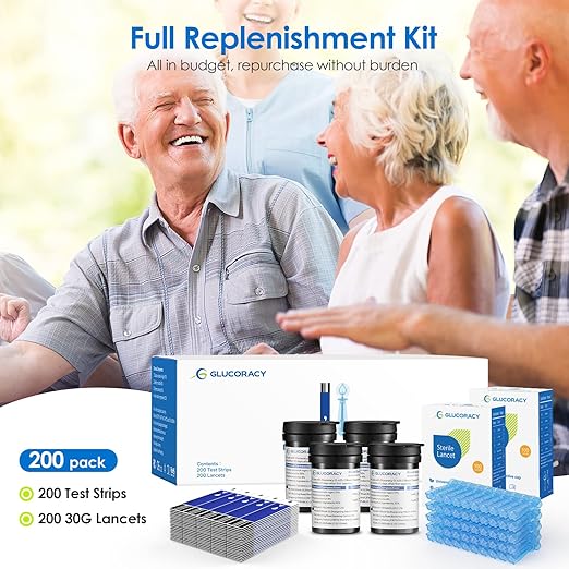 Blood Glucose Test Strips Set, 200 Test Strips & 200 Blood Lancets, Only Work with Glucoracy G-425-2/G-425 Blood Sugar Monitor, Self Diabetes Blood Glucose Home Monitoring, No Coding Required