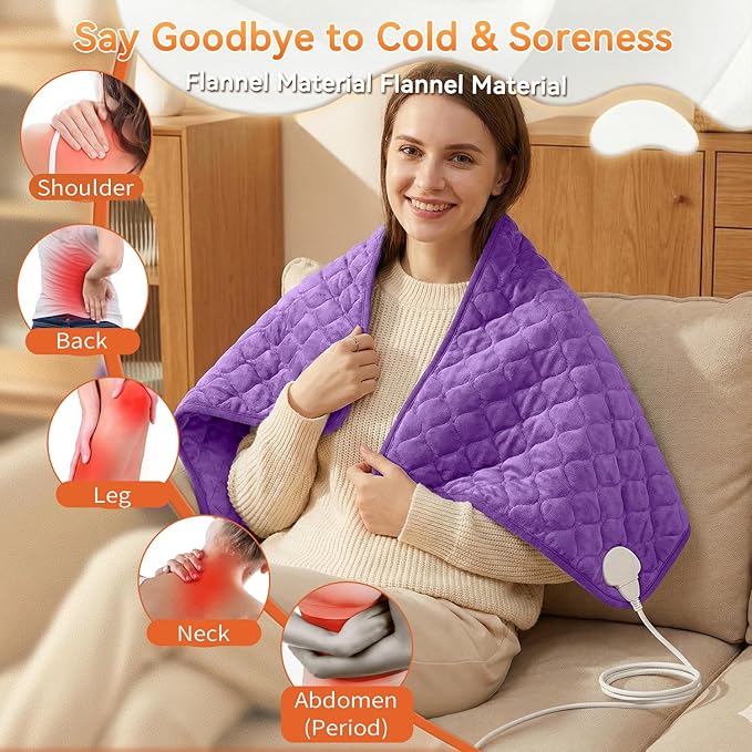 King Size Heating Pad for Back Pain 32"x24" Extra Large Electric Heating Pad for Period Cramps Relief & Body Neck Shoulder Auto Shut Off Heat Pad Temperature Settings Machine Washable Purple