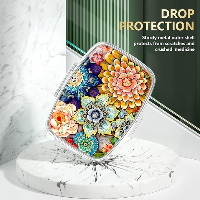 Nipichsha Pill Box, Small Pill Case for Purse & Pocket, Cute Travel Medicine Organizer, Portable Medicine Container Holder to Hold Vitamins, Medication, Fish Oil & Supplements, Mandala