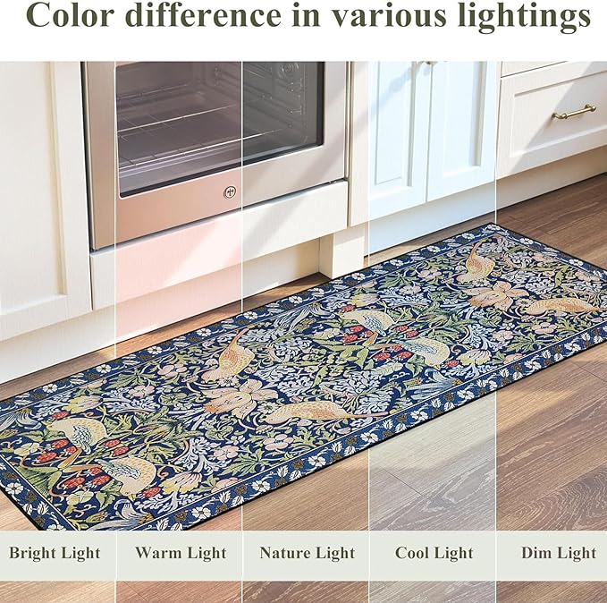 Blue Kitchen Rug Sets of 2, Vintage Floral Kitchen Mats for Floor Non Slip, Washable Cushioned Boho Bird Runner Rug for Kitchen Floor Laundry Desk Sink 17”x30“+17''x47''