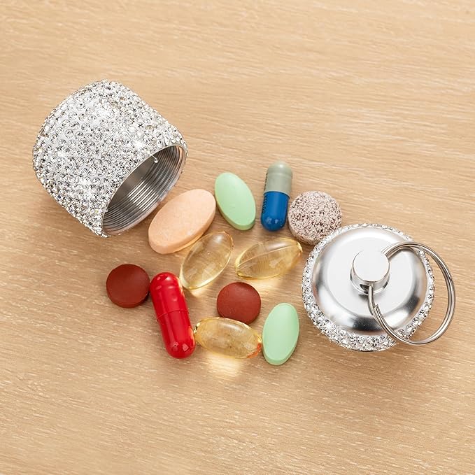 Pill Keychain Container Waterproof Portable Small Pill Box Case Ring Holder for Jewelry Keychain Medicine Holder Bling Medicine Organizer for Vitamin Supplement(Silver)