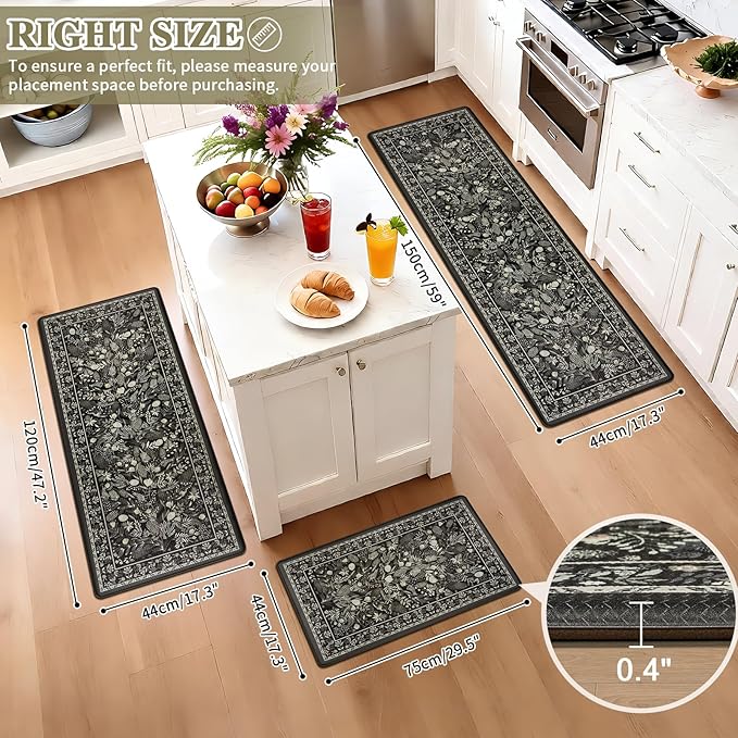 Kitchen Mats for Floor 3PCS Anti Fatigue Cushioned PVC Kitchen Rugs Non Slip Waterproof Botanical Floral Rugs Comfort Standing Mat for Laundry, Desk, Bar, Office Black