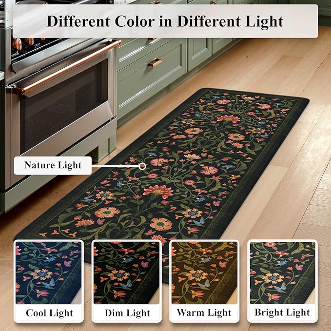 Collive Kitchen Mats for Floor 2PCS, Cushioned Anti Fatigue Mat Non Slip Waterproof Kitchens Sink Rug, Floral Comfort Padded Standing Mat for Laundry, Desk, Bar, Office, 17.3"x29"+17.3"x47", Black