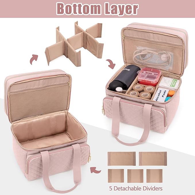 Yarwo Pill Bottle Organizer Empty, Double Layers Medicine Travel Storage Bag with 5 Customized Dividers and Lockable Zippers for Prescription Bottles and Emergency First Aid Supplies, Pink