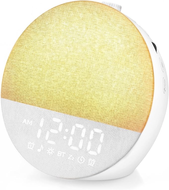 Sunrise Alarm Clock White Noise Machine | Natural Wake-Up Light for Bedroom with 30 Soothing Sleep Aids, Bluetooth Speaker, Dimmable Clock, Screen-Free Design for Baby Adults Kids-White