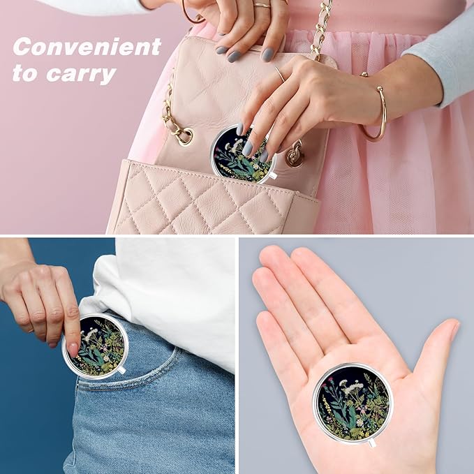 Rouidr Pill Box, 3 Compartment Medicine Pill Case, Small Metal Travel Medicine Box for Purse & Pocket, Silver, Dandelion