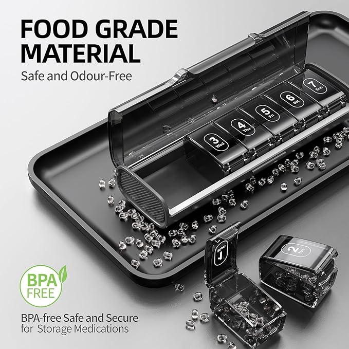 Weekly Pill Organizer,Portable 7 Day Pill Box,Moisture Proof Medicine Pill Organizer,Travel Pill Case with BPA-Free Material,Pocket-Size for Supplements & Vitamins (Black)