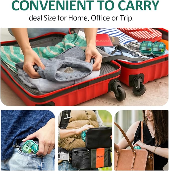 Daily Pill Organizer, 2 Pack 4 Compartments Small Pill Box Portable Pill Case, Travel Pill Organizer for Purse Pocket to Hold Vitamins, Cod Liver Oil, Supplements and Medication (Green+Grey)