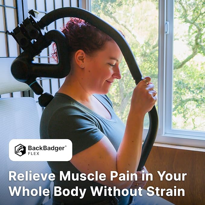 BackBadger Flex Massage Gun Holder for Hard to Reach Areas, Adjustable Ergonomic Handle, for Full-Body Muscle Pain Relief in Back, Neck, Shoulders, Legs, Feet, Compatible with Most Massage Guns
