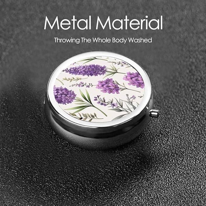 Purple Lavender Colored Flowers Printed Pill Organizer,Round Travel Pill Organizer Mini Medicine Pill Box for Purse Iron Plating