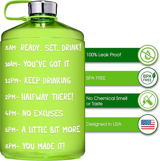 NatureWorks HydroMATE 1/2 Gallon Water Bottle with Times to Drink BPA Free Leak Proof Reusable Jug with Handle 64 oz (Green)