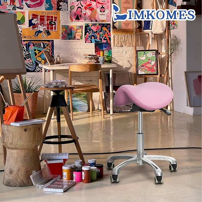 Saddle Stool with Wheels,Rolling Stool,Rolling Chair Ergonomic Swivel Rolling Chair with Hydraulic Lifting Height Adjustable Rolling for Office Medical Massage Salon Drafting(Pink)
