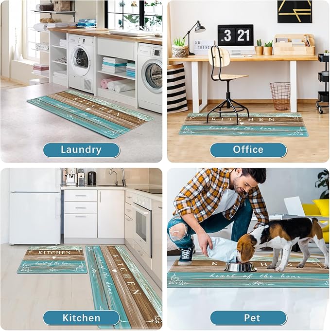 Sofort Kitchen Rugs Farmhouse Cushioned Anti Fatigue Kitchen Mats 2 Piece Set Non Slip Waterproof for Floor, Rustic Wooden Comfort Standing Mats for Kitchen, Office, Sink, Laundry
