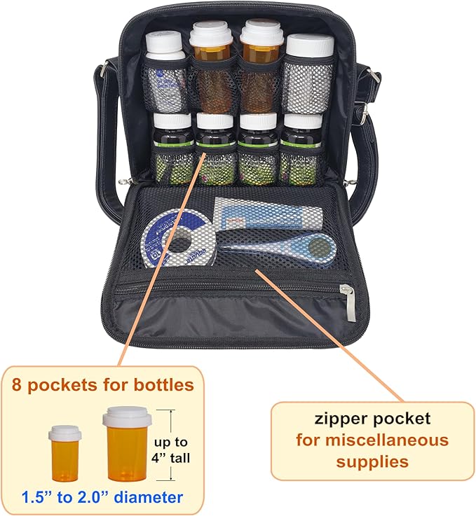 Medium 2-in-1 Pill Bottle Organizer, Crossbody PU Leather Purse for Women, Medicine Bag, Case, Carrier for Medications, Travel Medicine Organizer, Med Bag - Black (Without Lock)