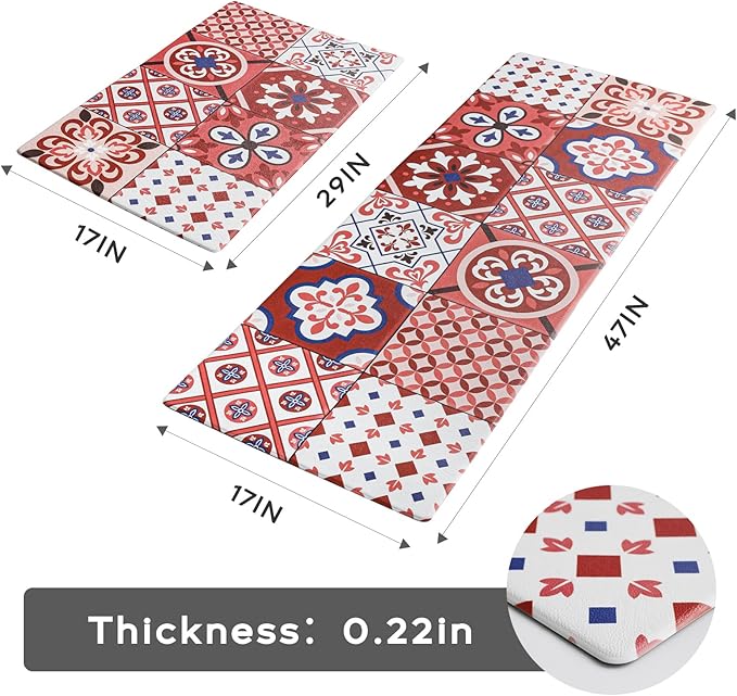 Ashler Kitchen Mats Anti-Fatigue Kitchen Rugs, Non-Slip Waterproof Kitchen Floor Mats, 2PCS Ergonomic Comfort Foam Standing Rug for Kitchen, Office, Floor, Laundry, Sink, 17x47 in & 17x29 in, Red